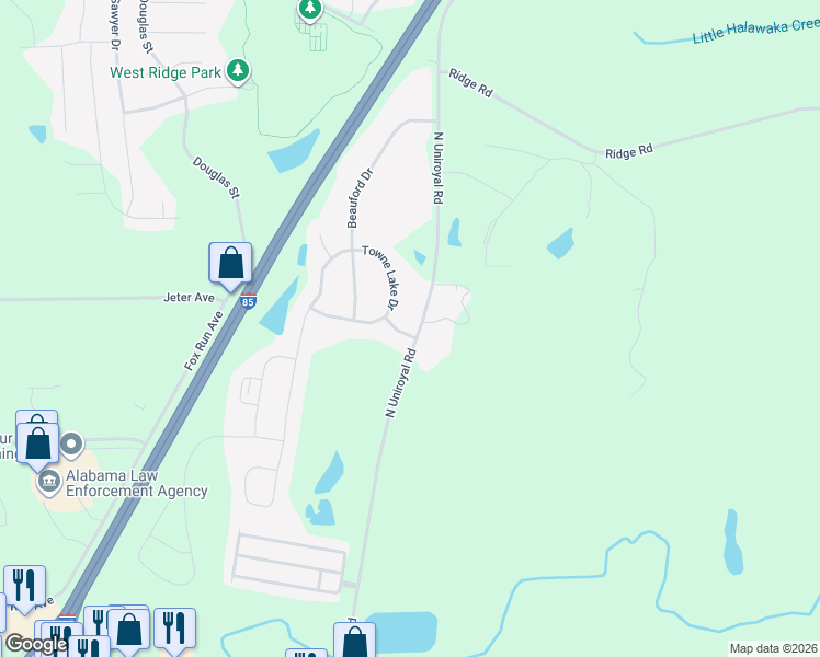 map of restaurants, bars, coffee shops, grocery stores, and more near 1904 Towne Lake Drive in Opelika