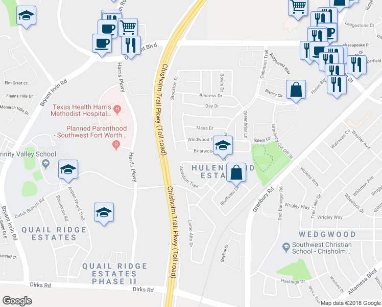 map of restaurants, bars, coffee shops, grocery stores, and more near 6959 Briarwood Drive in Fort Worth