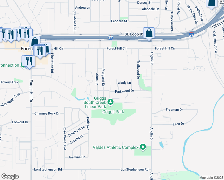 map of restaurants, bars, coffee shops, grocery stores, and more near 4501 Parkwood Drive in Forest Hill