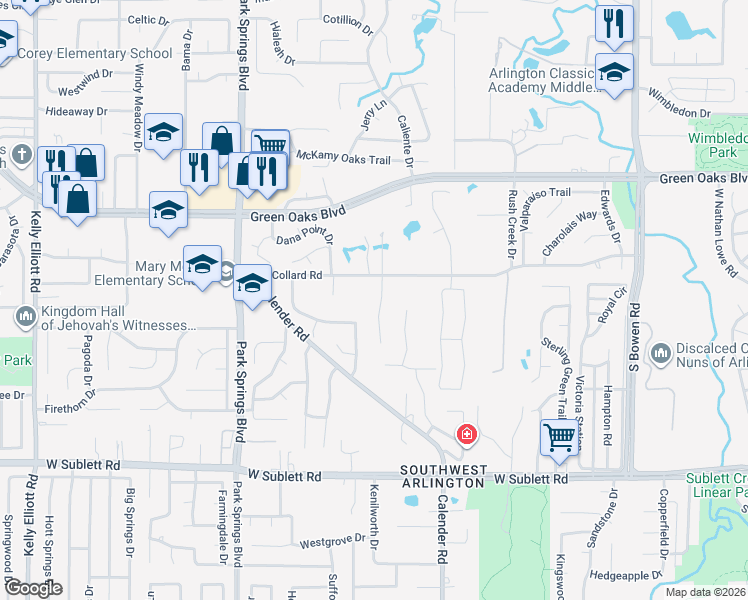 map of restaurants, bars, coffee shops, grocery stores, and more near 5606 South Archbridge Court in Arlington