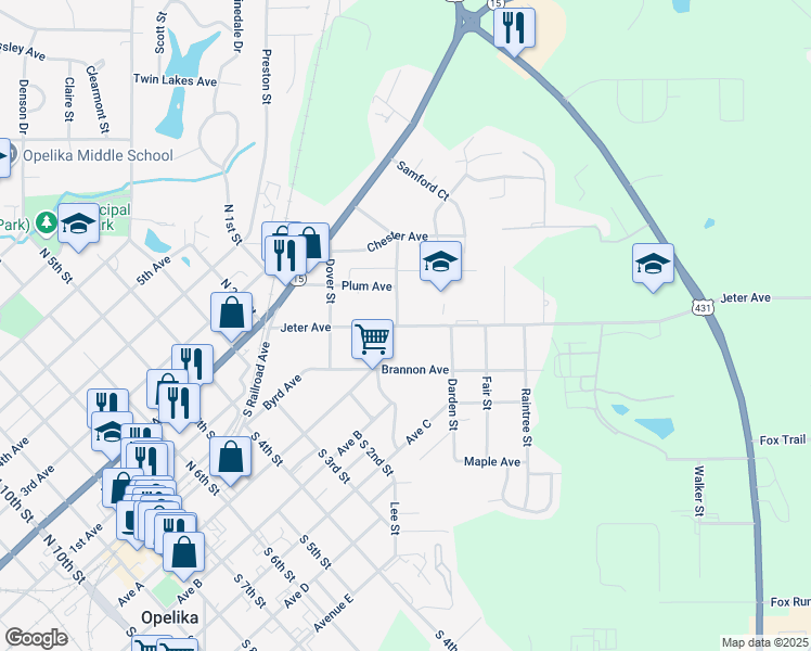 map of restaurants, bars, coffee shops, grocery stores, and more near 214 Jeter Avenue in Opelika