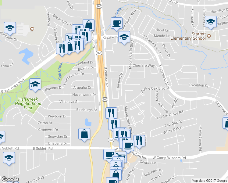 map of restaurants, bars, coffee shops, grocery stores, and more near 4836 Gloucester Drive in Grand Prairie