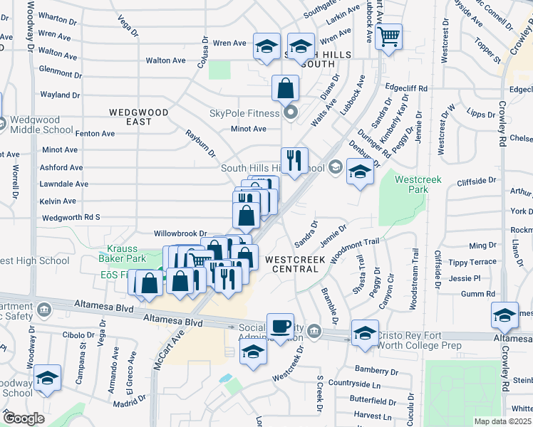 map of restaurants, bars, coffee shops, grocery stores, and more near 6236 McCart Avenue in Fort Worth