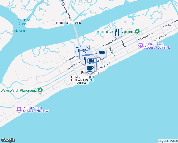 map of restaurants, bars, coffee shops, grocery stores, and more near in Folly Beach