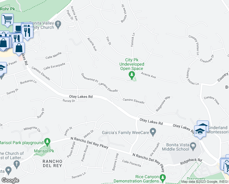 map of restaurants, bars, coffee shops, grocery stores, and more near 396 Camino Elevado in Bonita