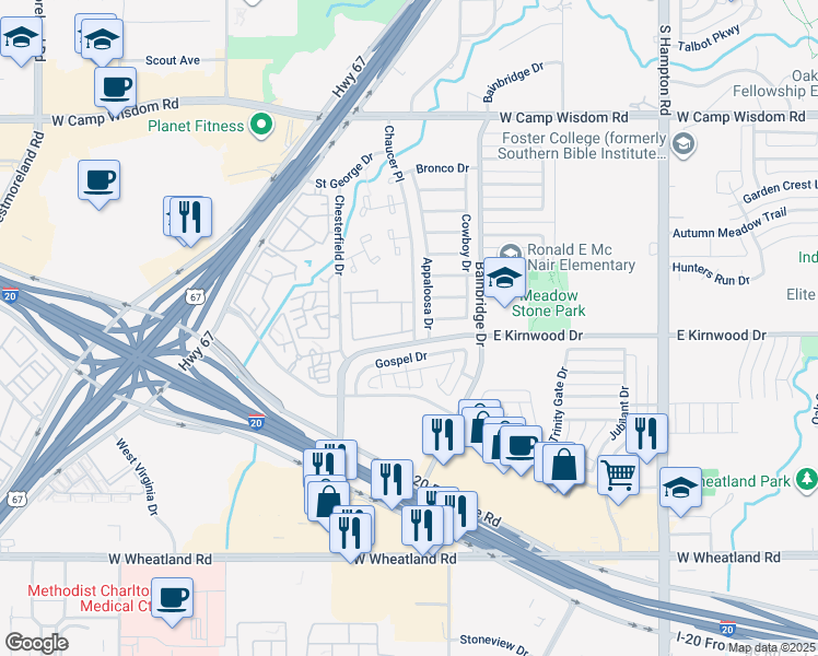 map of restaurants, bars, coffee shops, grocery stores, and more near 7575 Chaucer Place in Dallas