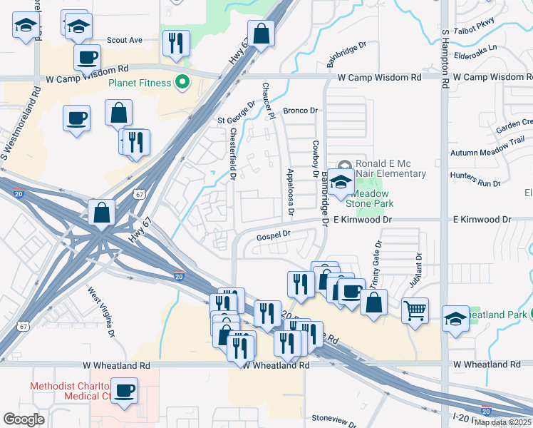 map of restaurants, bars, coffee shops, grocery stores, and more near 7515 Chaucer Place in Dallas
