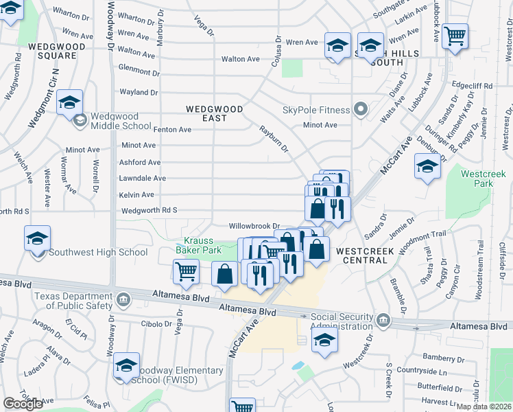 map of restaurants, bars, coffee shops, grocery stores, and more near 3552 Wedgworth Road South in Fort Worth