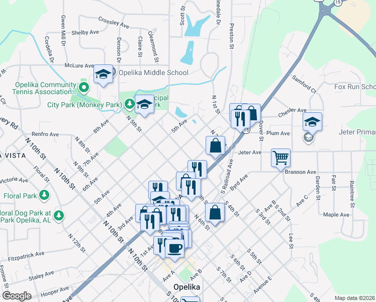 map of restaurants, bars, coffee shops, grocery stores, and more near 314 North 4th Street in Opelika