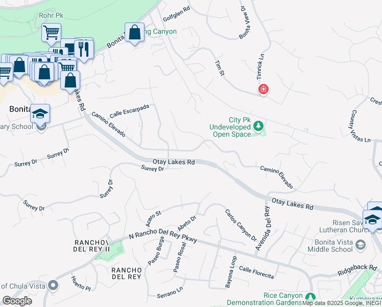 map of restaurants, bars, coffee shops, grocery stores, and more near 368 Camino Elevado in Bonita