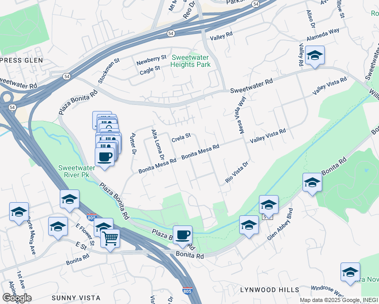 map of restaurants, bars, coffee shops, grocery stores, and more near 3161 Bonita Mesa Road in Bonita