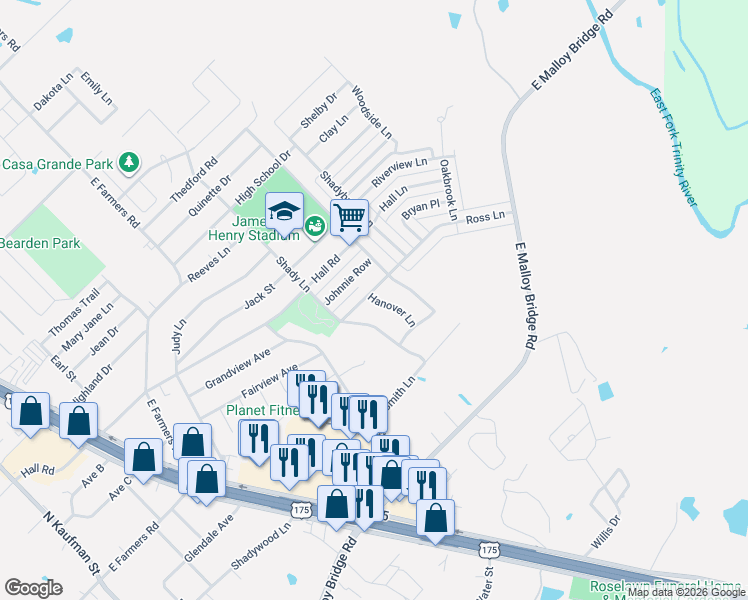 map of restaurants, bars, coffee shops, grocery stores, and more near 610 Hanover Lane in Seagoville