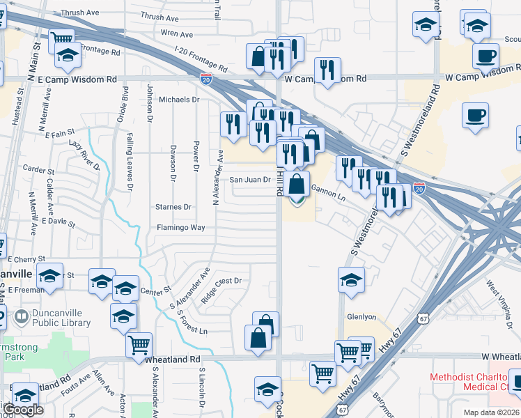 map of restaurants, bars, coffee shops, grocery stores, and more near 811 Granada Drive in Duncanville