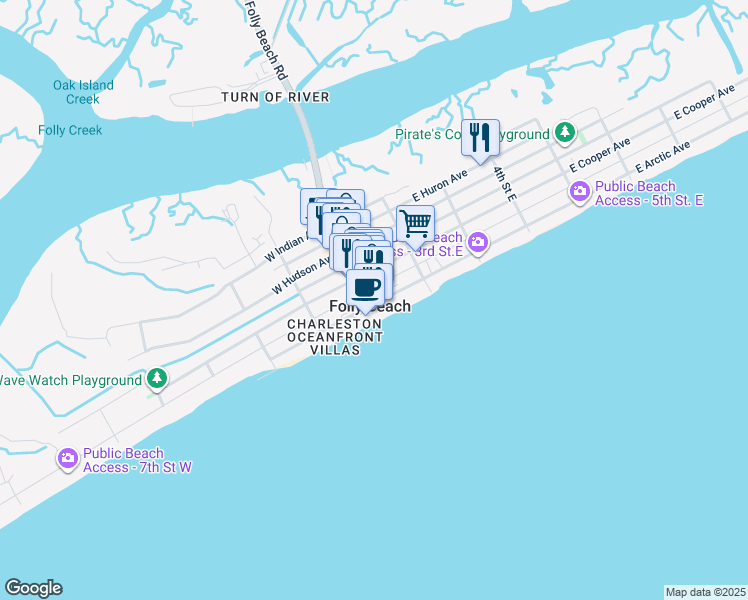 map of restaurants, bars, coffee shops, grocery stores, and more near in Folly Beach