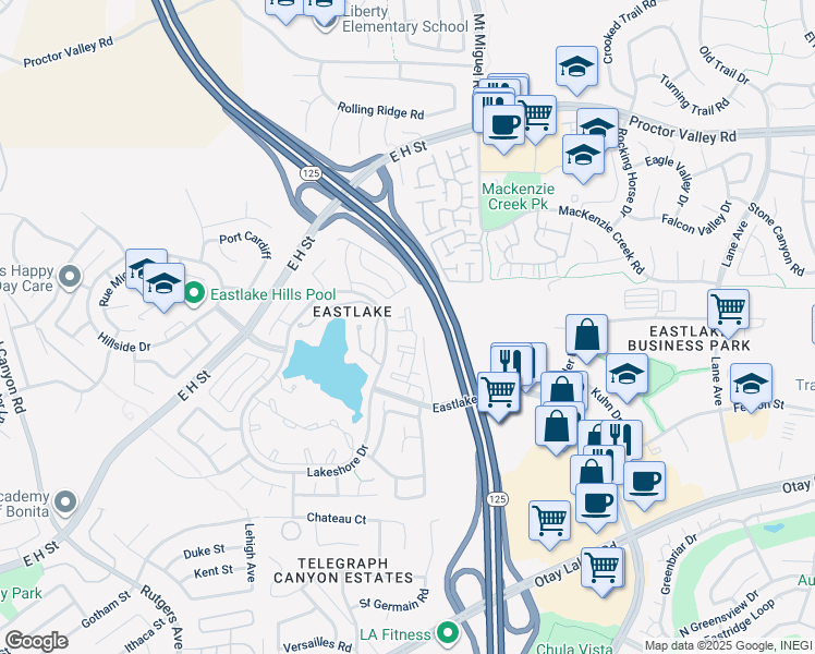 map of restaurants, bars, coffee shops, grocery stores, and more near 701 Eastshore Terrace in Chula Vista