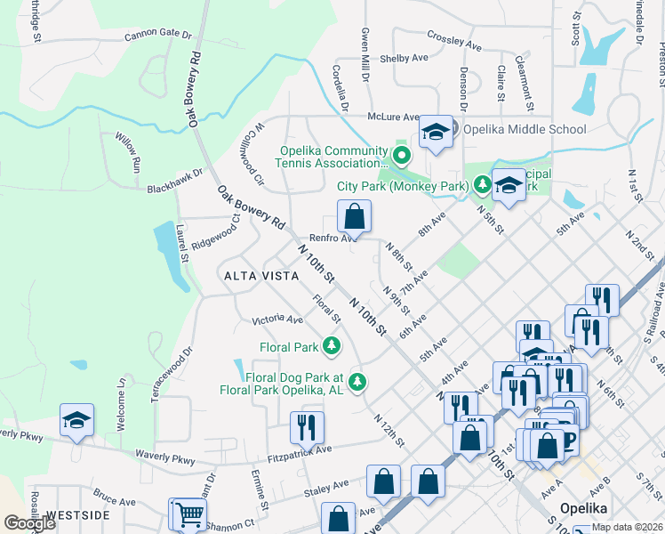 map of restaurants, bars, coffee shops, grocery stores, and more near 815 North 10th Street in Opelika