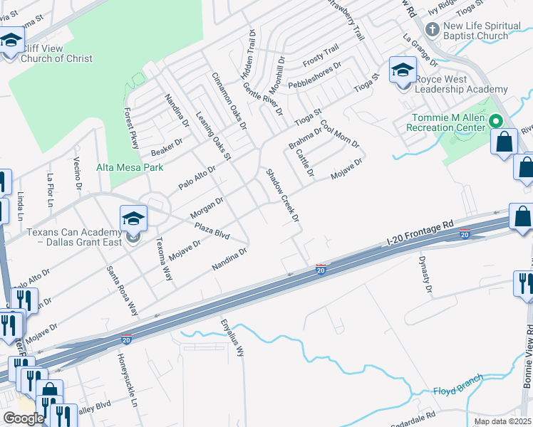 map of restaurants, bars, coffee shops, grocery stores, and more near 6648 Leaning Oaks Street in Dallas