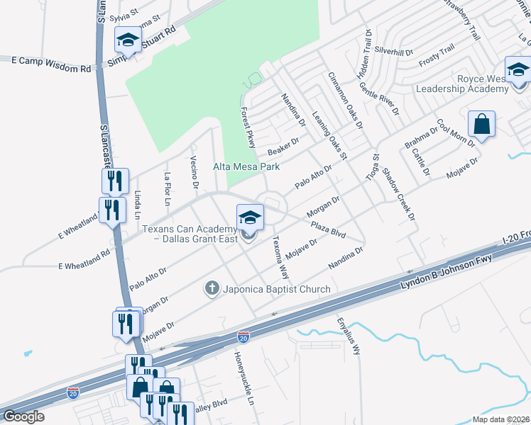 map of restaurants, bars, coffee shops, grocery stores, and more near 2931 South El Centro Way in Dallas