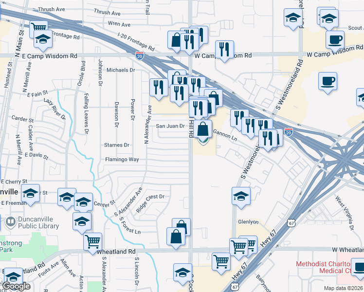 map of restaurants, bars, coffee shops, grocery stores, and more near 811 Granada Drive in Duncanville