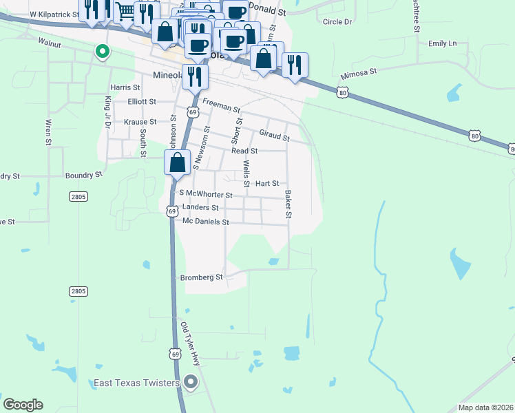 map of restaurants, bars, coffee shops, grocery stores, and more near 400-420 Landers Street in Mineola