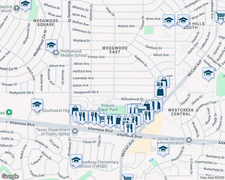 map of restaurants, bars, coffee shops, grocery stores, and more near 3704 Wedgworth Road South in Fort Worth