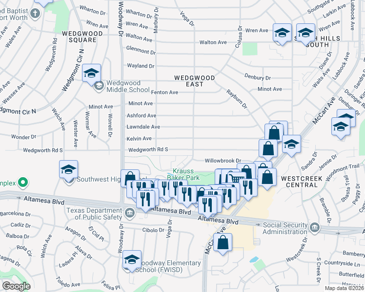 map of restaurants, bars, coffee shops, grocery stores, and more near 3704 Wedgworth Road South in Fort Worth