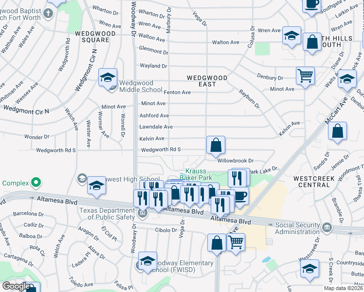map of restaurants, bars, coffee shops, grocery stores, and more near 3736 Wedgworth Road South in Fort Worth