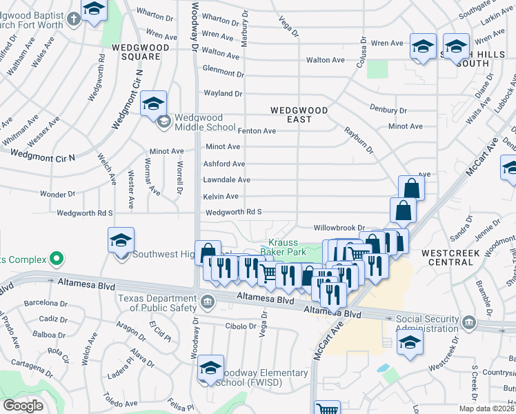 map of restaurants, bars, coffee shops, grocery stores, and more near 3736 Wedgworth Road South in Fort Worth