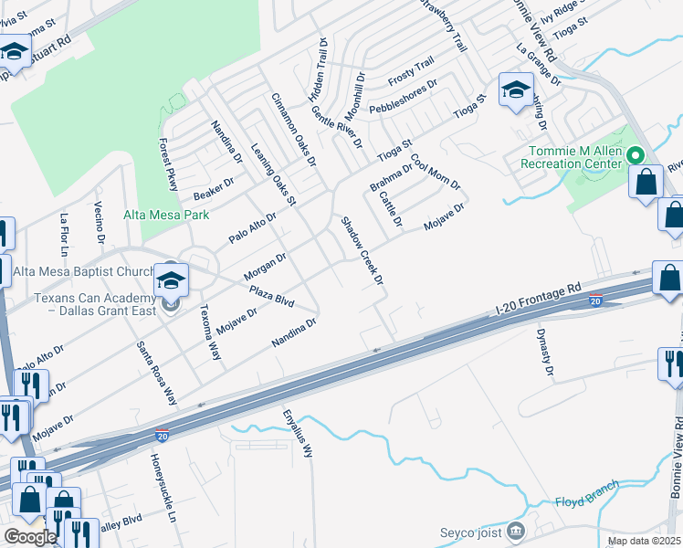 map of restaurants, bars, coffee shops, grocery stores, and more near 6640 Leaning Oaks Street in Dallas