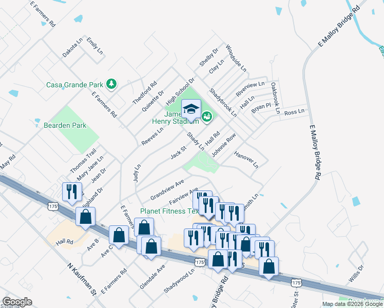 map of restaurants, bars, coffee shops, grocery stores, and more near 749 Hall Road in Seagoville