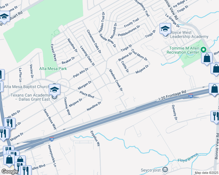 map of restaurants, bars, coffee shops, grocery stores, and more near 6640 Leaning Oaks Street in Dallas
