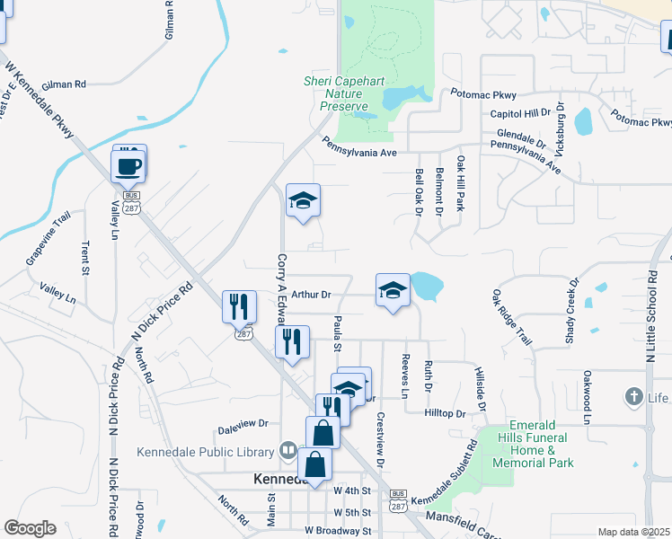 map of restaurants, bars, coffee shops, grocery stores, and more near 319 Spring Branch Lane in Kennedale