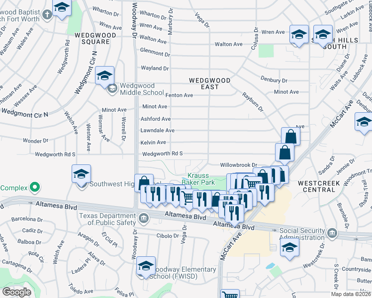 map of restaurants, bars, coffee shops, grocery stores, and more near 3736 Wedgworth Road South in Fort Worth