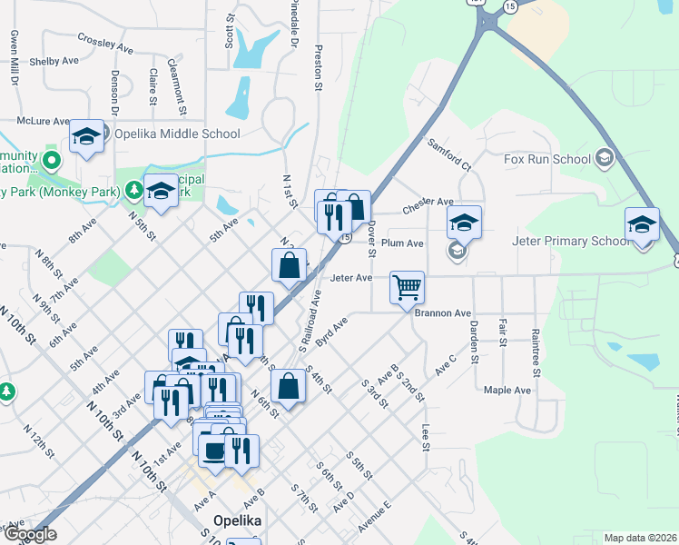 map of restaurants, bars, coffee shops, grocery stores, and more near 1-99 Jeter Avenue in Opelika
