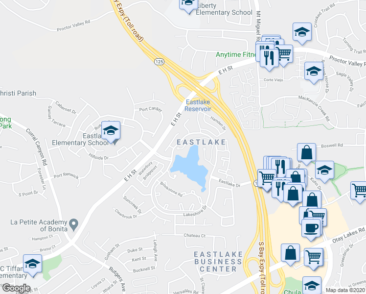 map of restaurants, bars, coffee shops, grocery stores, and more near 2092 Northshore Drive in Chula Vista