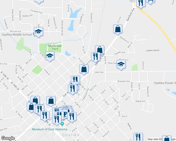 map of restaurants, bars, coffee shops, grocery stores, and more near 204 2nd Avenue in Opelika