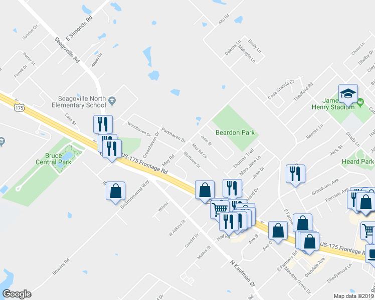 map of restaurants, bars, coffee shops, grocery stores, and more near 217 Creekstone Court in Seagoville