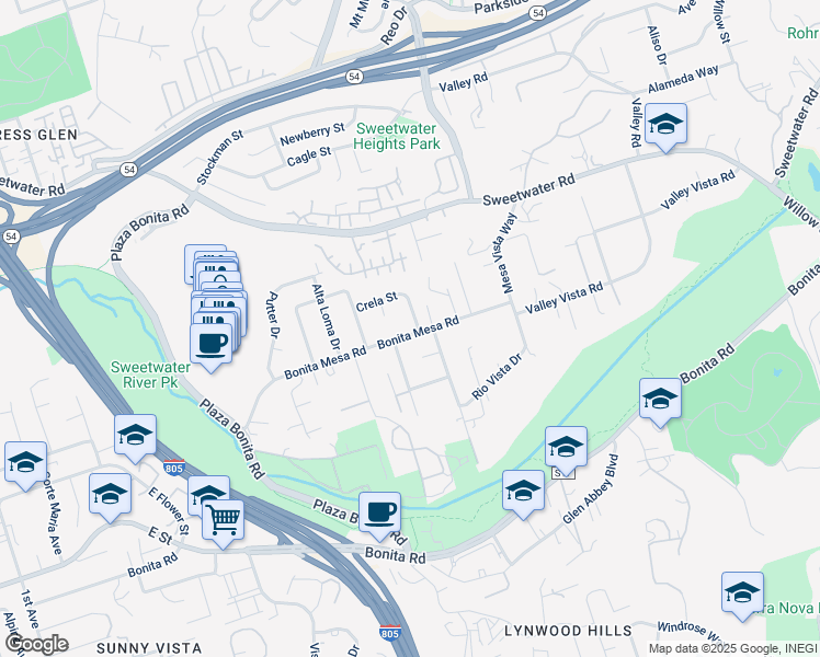 map of restaurants, bars, coffee shops, grocery stores, and more near 3161 Bonita Mesa Road in Bonita