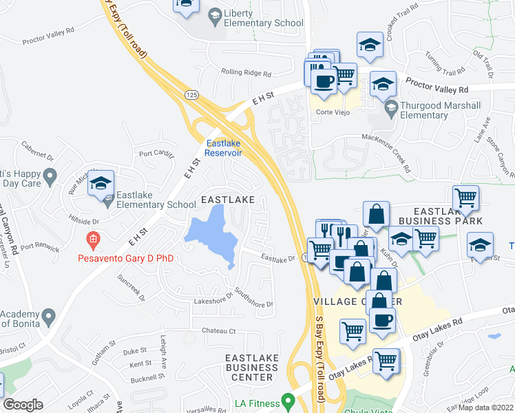 map of restaurants, bars, coffee shops, grocery stores, and more near 726 Eastshore Terrace in Chula Vista
