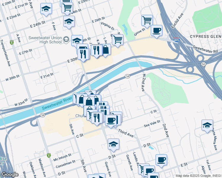 map of restaurants, bars, coffee shops, grocery stores, and more near 115 North Glover Avenue in Chula Vista