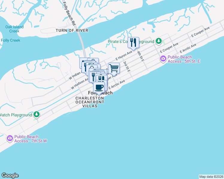map of restaurants, bars, coffee shops, grocery stores, and more near 101 East Arctic Avenue in Folly Beach