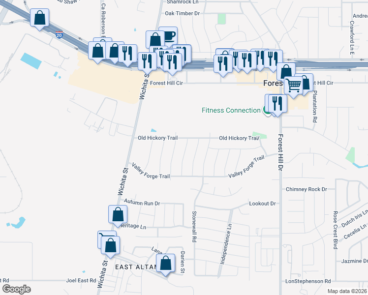 map of restaurants, bars, coffee shops, grocery stores, and more near 6917 Windy Hill Road in Forest Hill