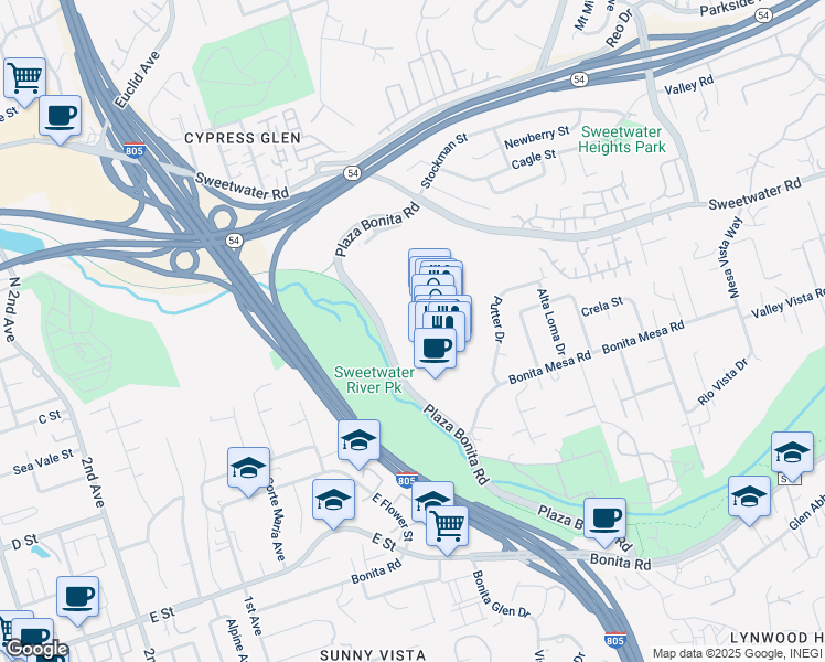 map of restaurants, bars, coffee shops, grocery stores, and more near 3040 Plaza Bonita Road in National City