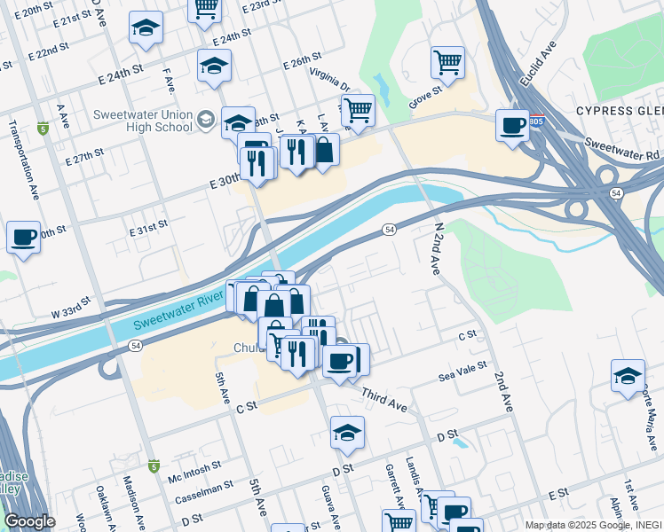 map of restaurants, bars, coffee shops, grocery stores, and more near 115 North Glover Avenue in Chula Vista