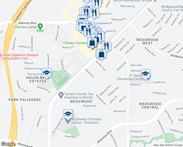 map of restaurants, bars, coffee shops, grocery stores, and more near 5301 Wendel Drive in Fort Worth
