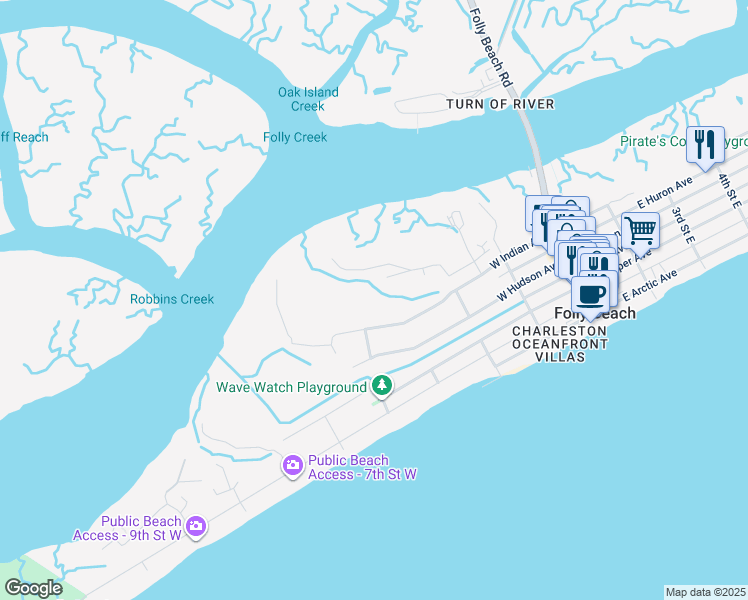 map of restaurants, bars, coffee shops, grocery stores, and more near in Folly Beach