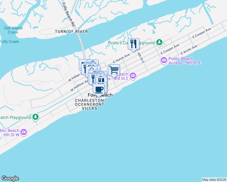 map of restaurants, bars, coffee shops, grocery stores, and more near 121 East Arctic Avenue in Folly Beach