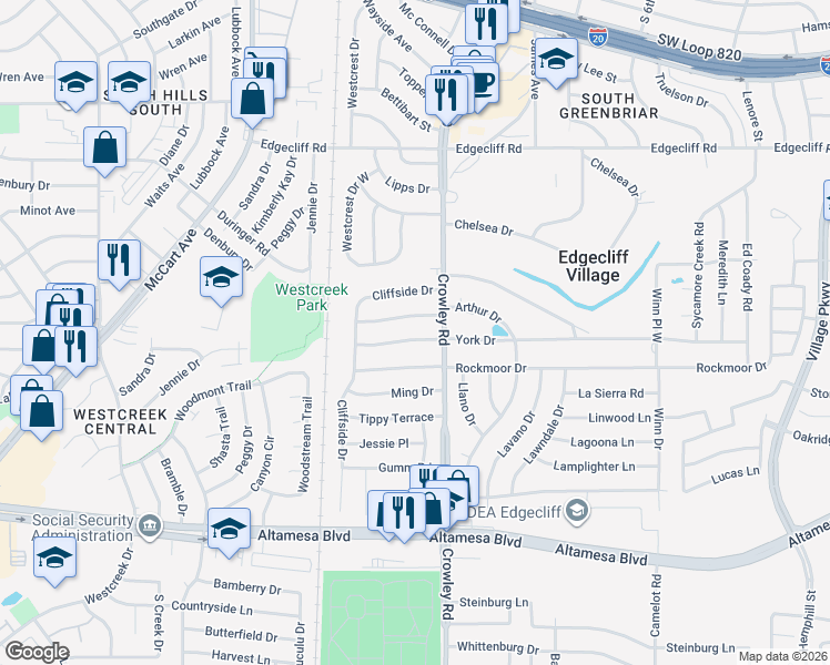 map of restaurants, bars, coffee shops, grocery stores, and more near 2017 York Drive in Fort Worth