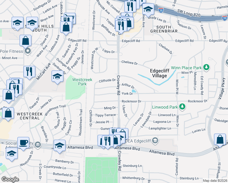 map of restaurants, bars, coffee shops, grocery stores, and more near 1 York Drive in Fort Worth