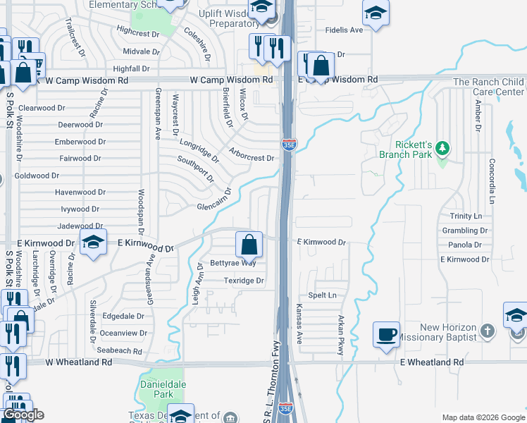 map of restaurants, bars, coffee shops, grocery stores, and more near 7648 Ryanridge Drive in Dallas